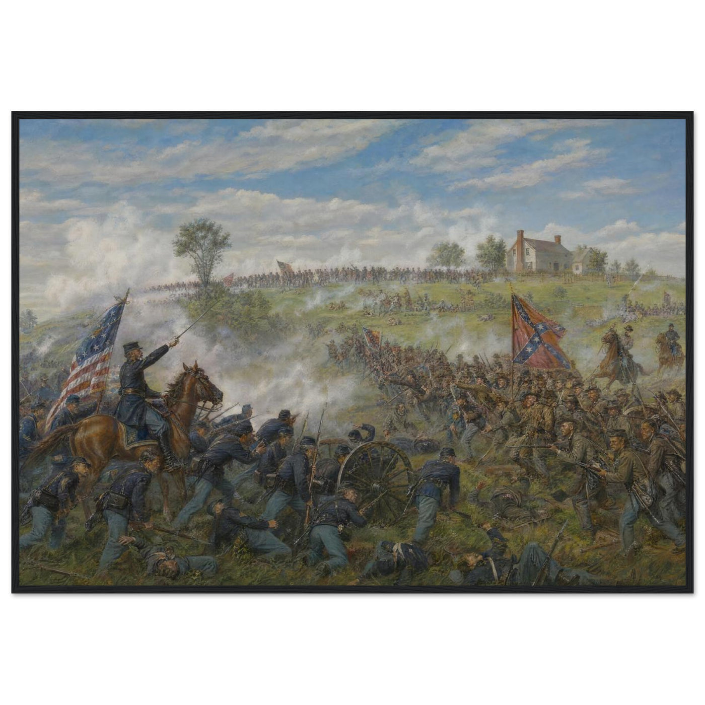 Framed panoramic art print of the smoke-filled Confederate assault during Pickett's Charge at Gettysburg, in a solid wood frame.