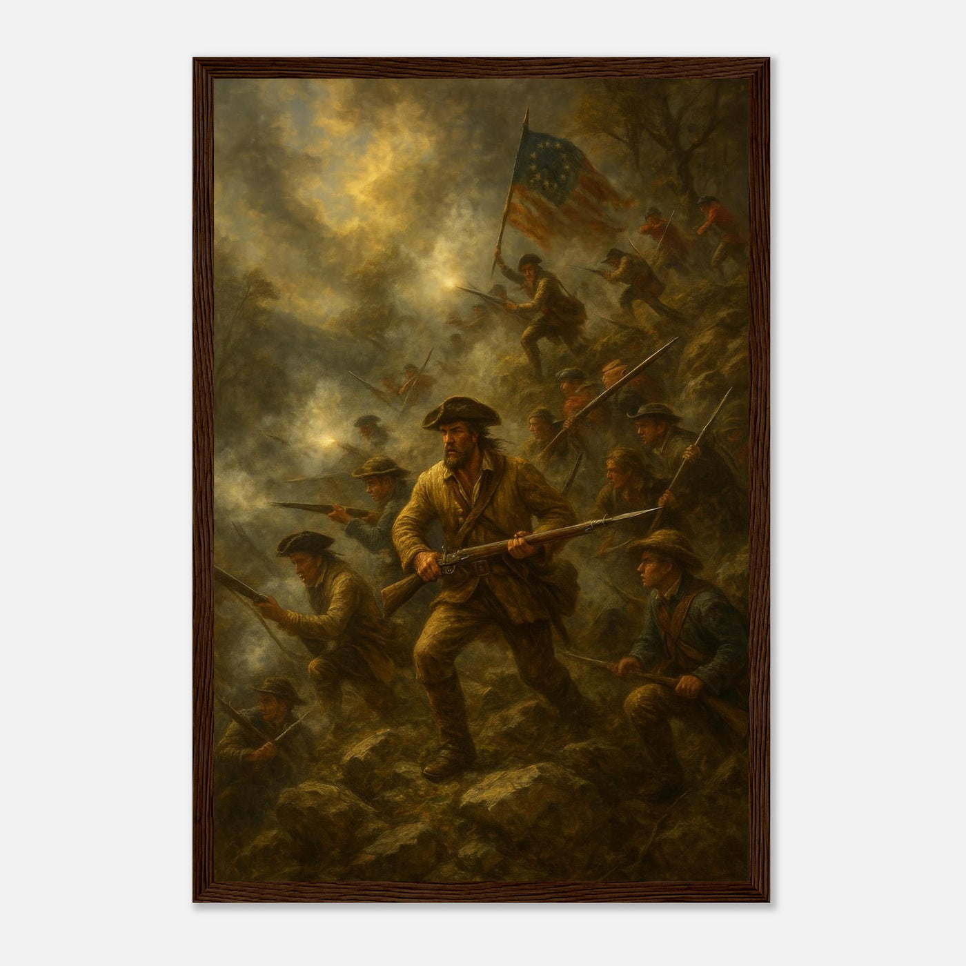 Framed print of the Battle of Kings Mountain, ready to hang.