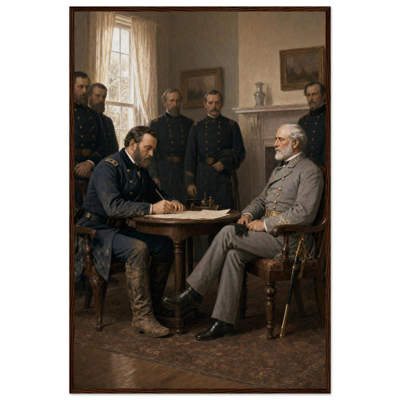Framed print of Lee and Grant at the Appomattox surrender, ready to hang.