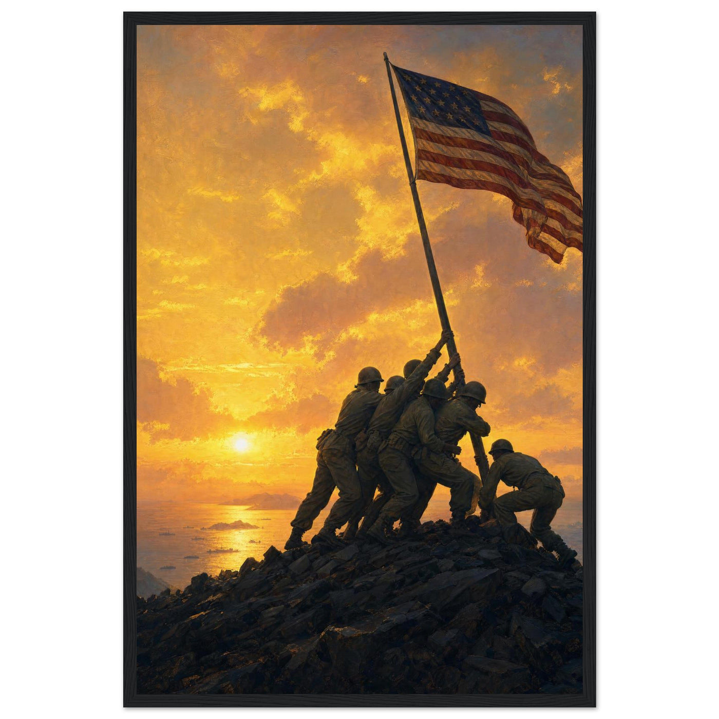 Wooden framed print of the flag raising on Iwo Jima — room view, ready to hang.