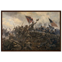 Framed art print of the hand-to-hand melee at the stone wall during Pickett's Charge, Confederate battle flag raised, in a solid wood frame.
