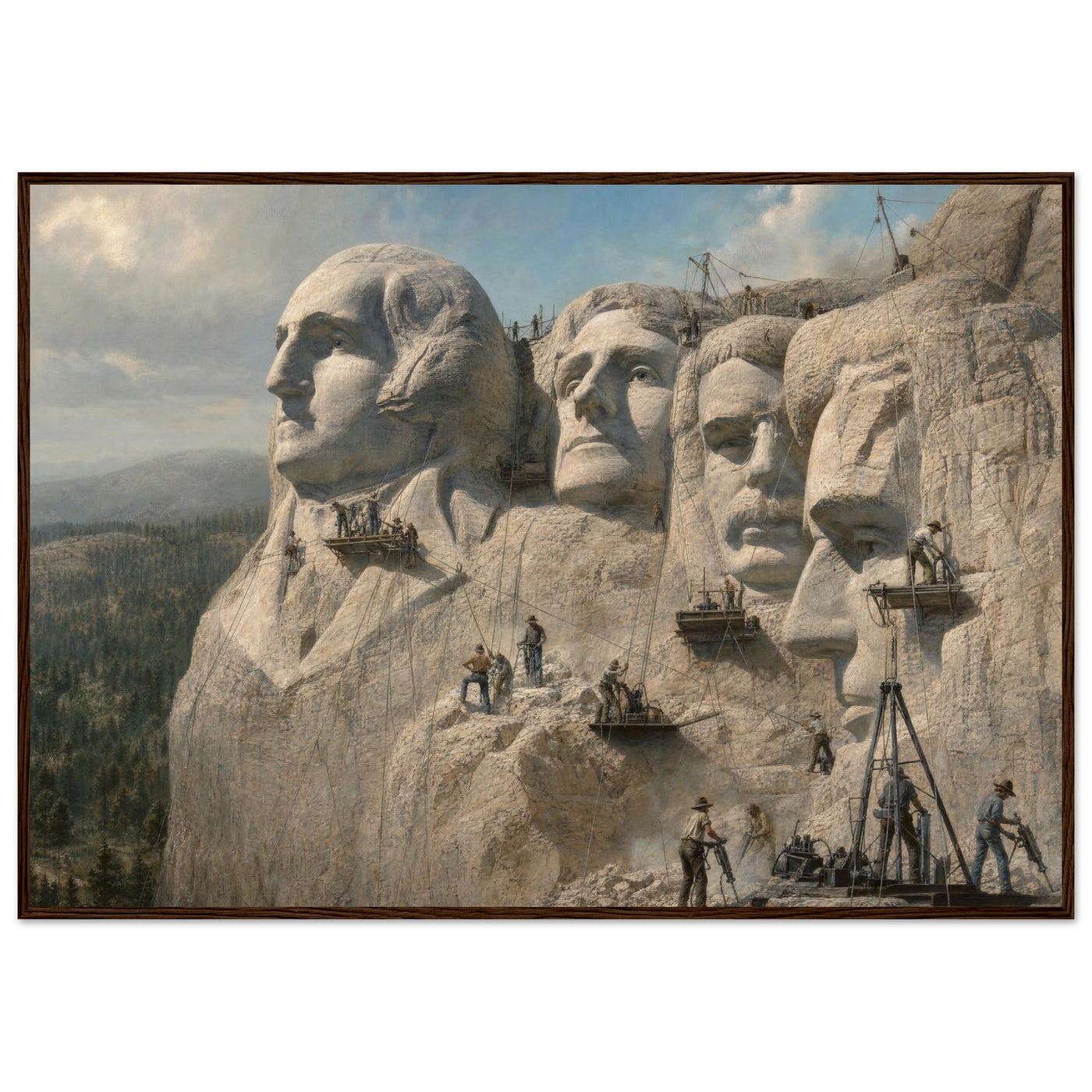 Framed panoramic art print of workers carving the presidential faces of Mount Rushmore, in a solid wood frame.