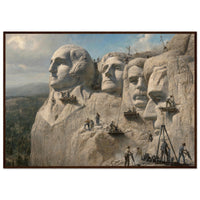 Framed panoramic art print of workers carving the presidential faces of Mount Rushmore, in a solid wood frame.