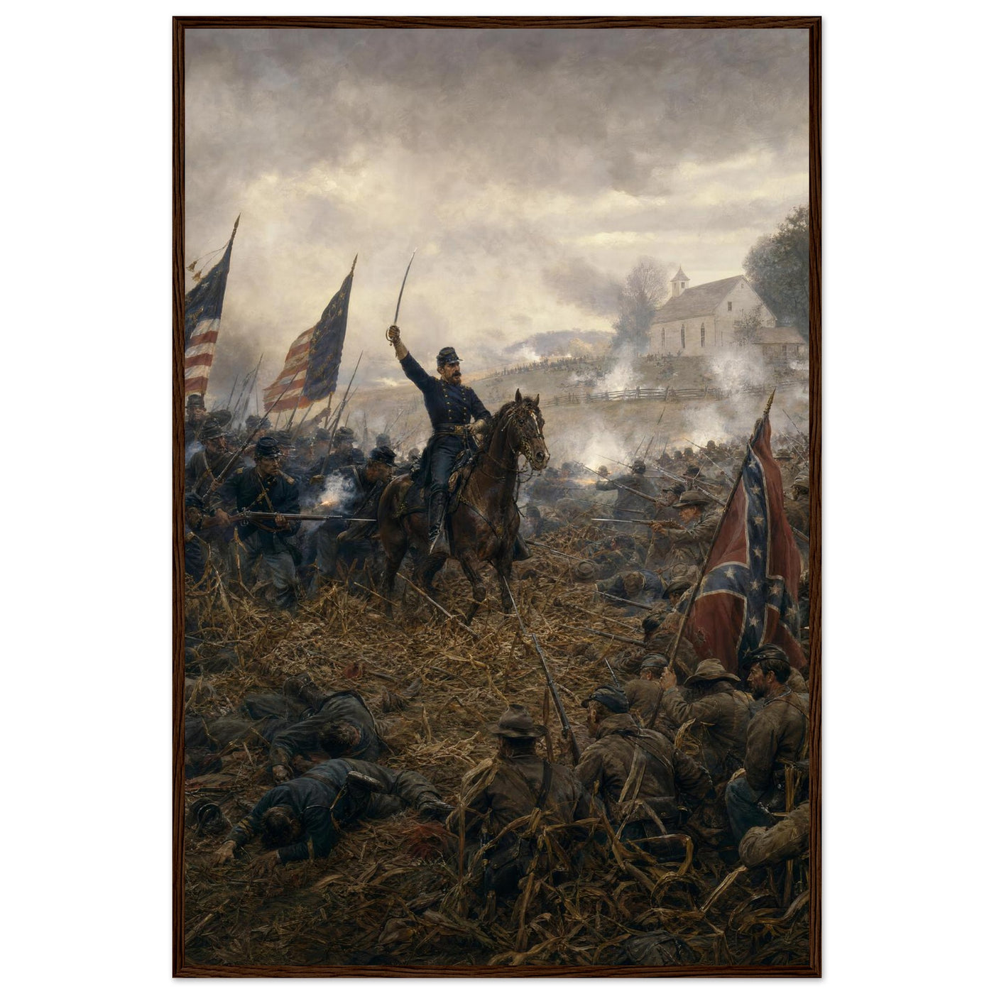Framed print of a Civil War battlefield, ready to hang.