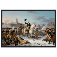 Framed print of Washington rallying the troops at Trenton, ready to hang.