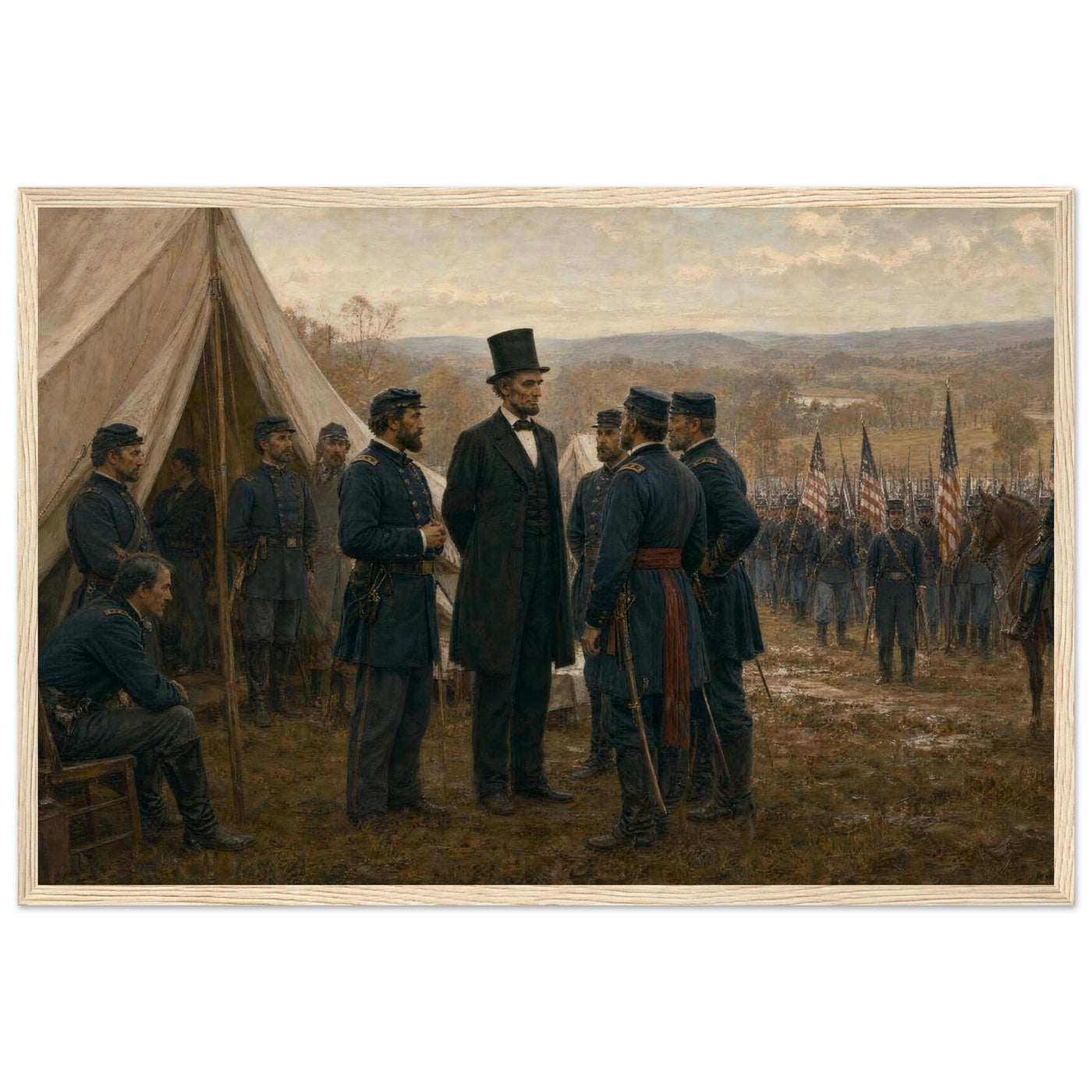 Framed art print of a Union army encampment with tents and officers at Antietam, in a solid wood frame.
