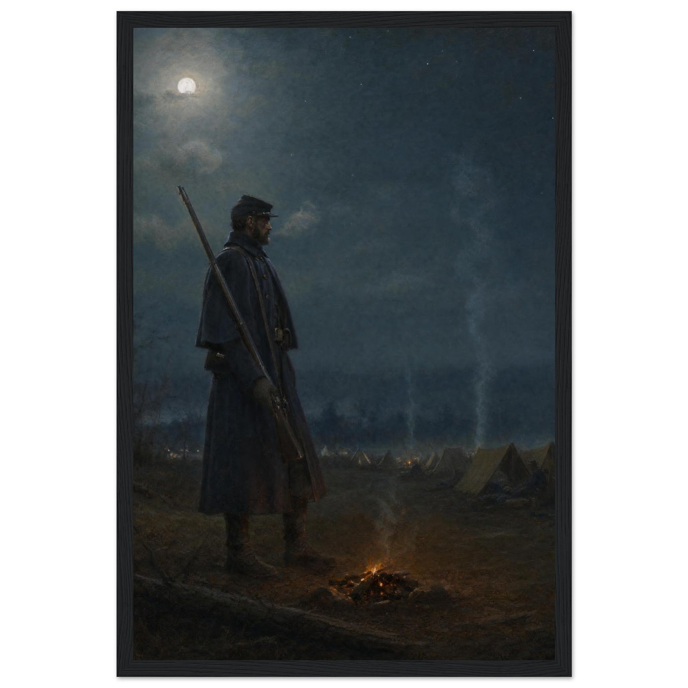 Framed print of a soldier's moonlit vigil by a campfire, ready to hang.