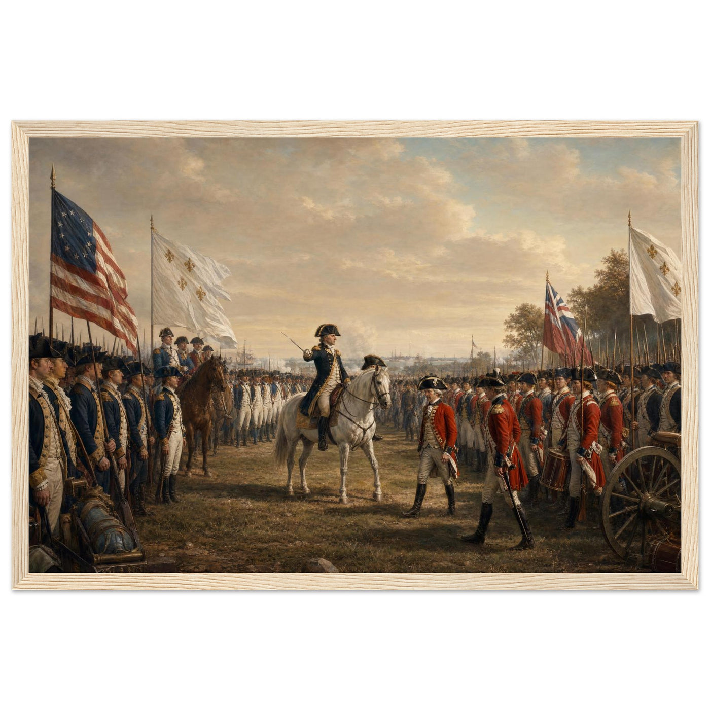 Wooden framed print of the surrender at Yorktown — room view, ready to hang.