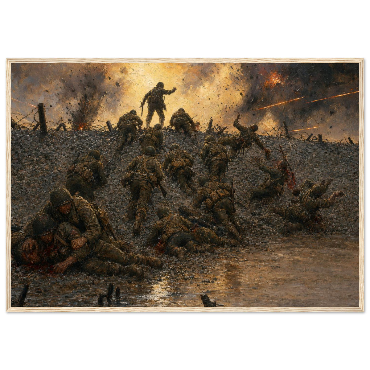 Over the Shingle — framed fine art print of GIs scrambling up the shingle bank at Omaha, 12x18″ in a natural wood frame