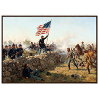 Framed art print of a Union soldier raising the Stars and Stripes amid the smoke of battle, in a solid wood frame.
