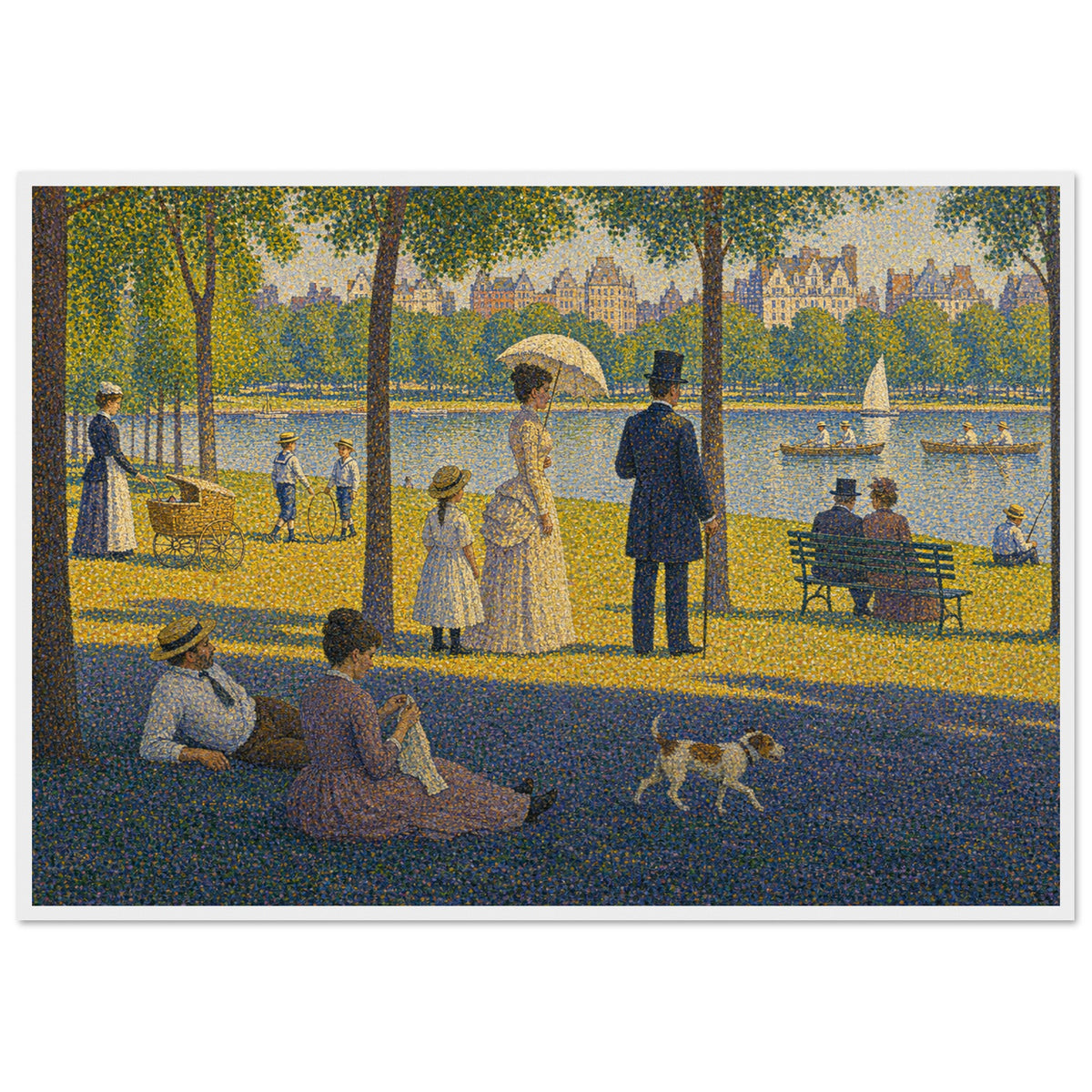 A Sunday Afternoon in Central Park — framed fine art print of strollers, a parasol, a pram and a dog on a lakeside lawn in dotted color, after Seurat, in a white frame