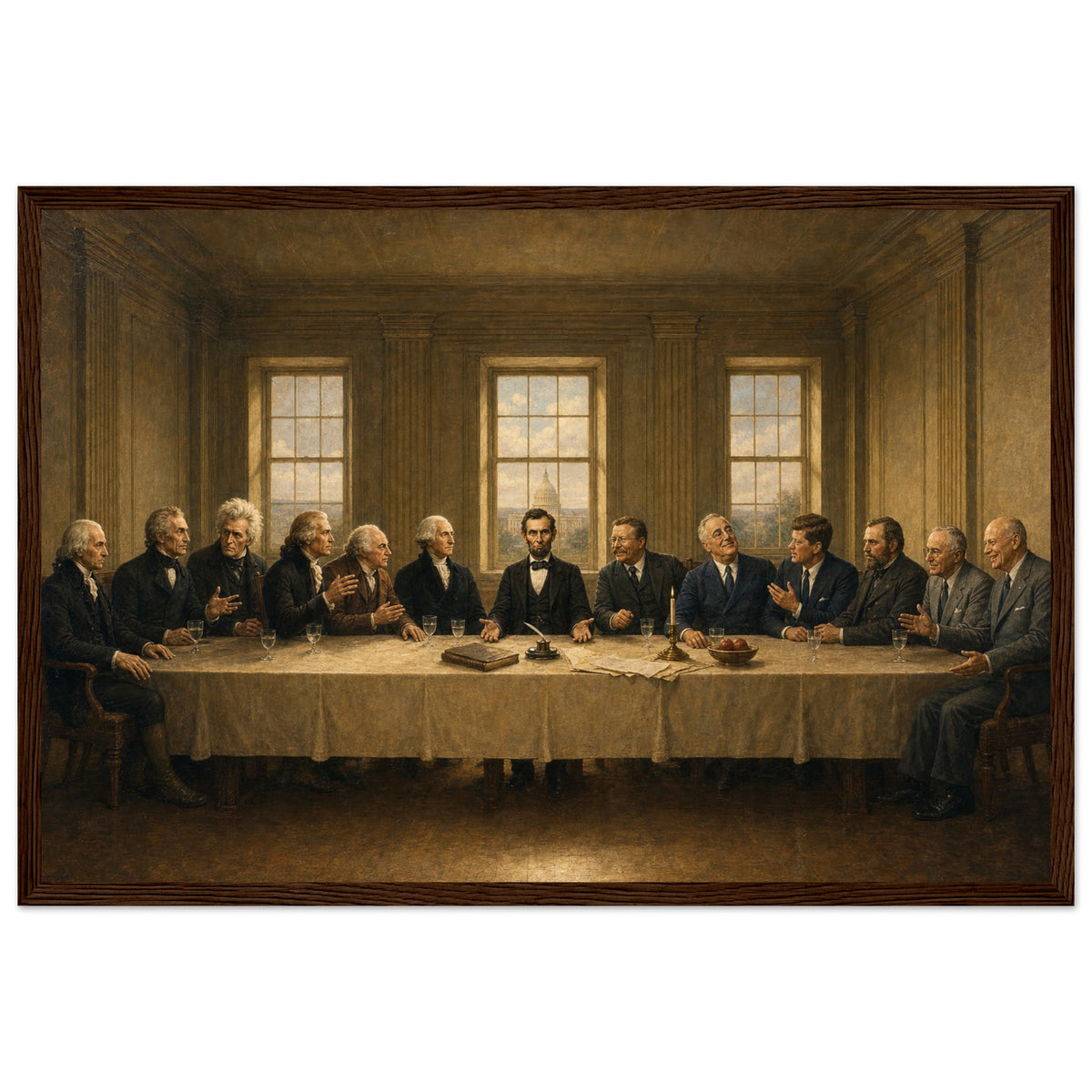 The Presidents' Table — framed fine art print of thirteen presidents along a long table, Lincoln at center, the Capitol dome in the window, in a dark wood frame
