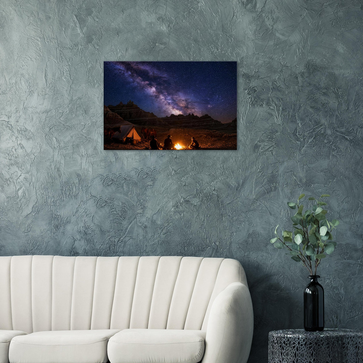Canvas print of a campfire beneath the Milky Way — room view, ready to hang.