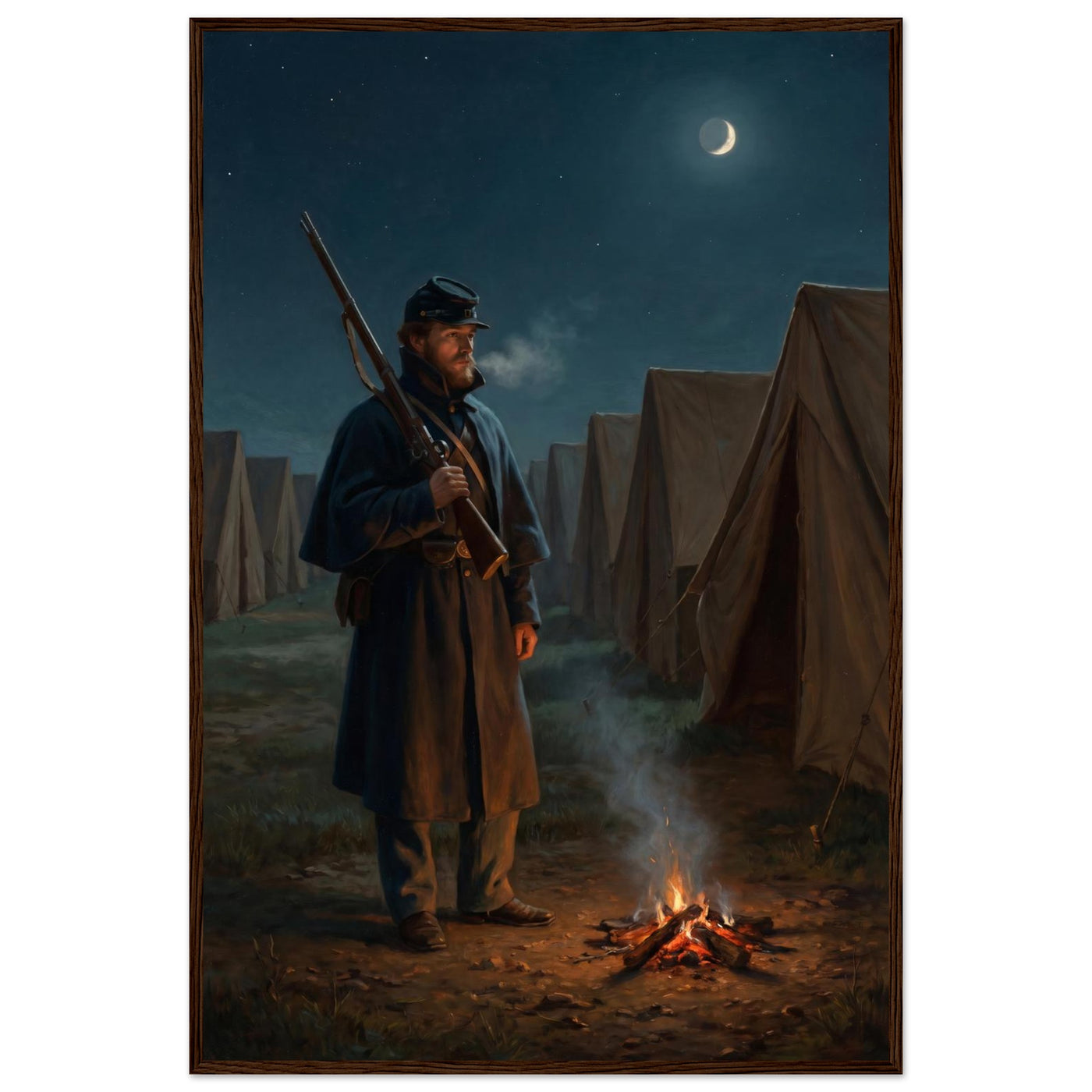Framed print of a Union sentinel keeping watch by a campfire at night, ready to hang.