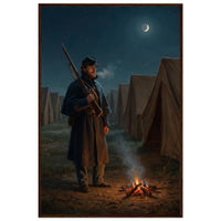 Framed print of a Union sentinel keeping watch by a campfire at night, ready to hang.