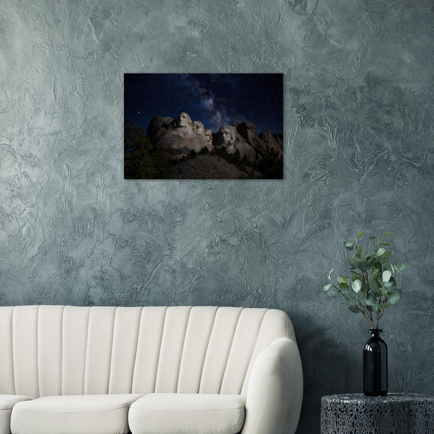 Canvas print of Mount Rushmore under the Milky Way — room view, ready to hang.