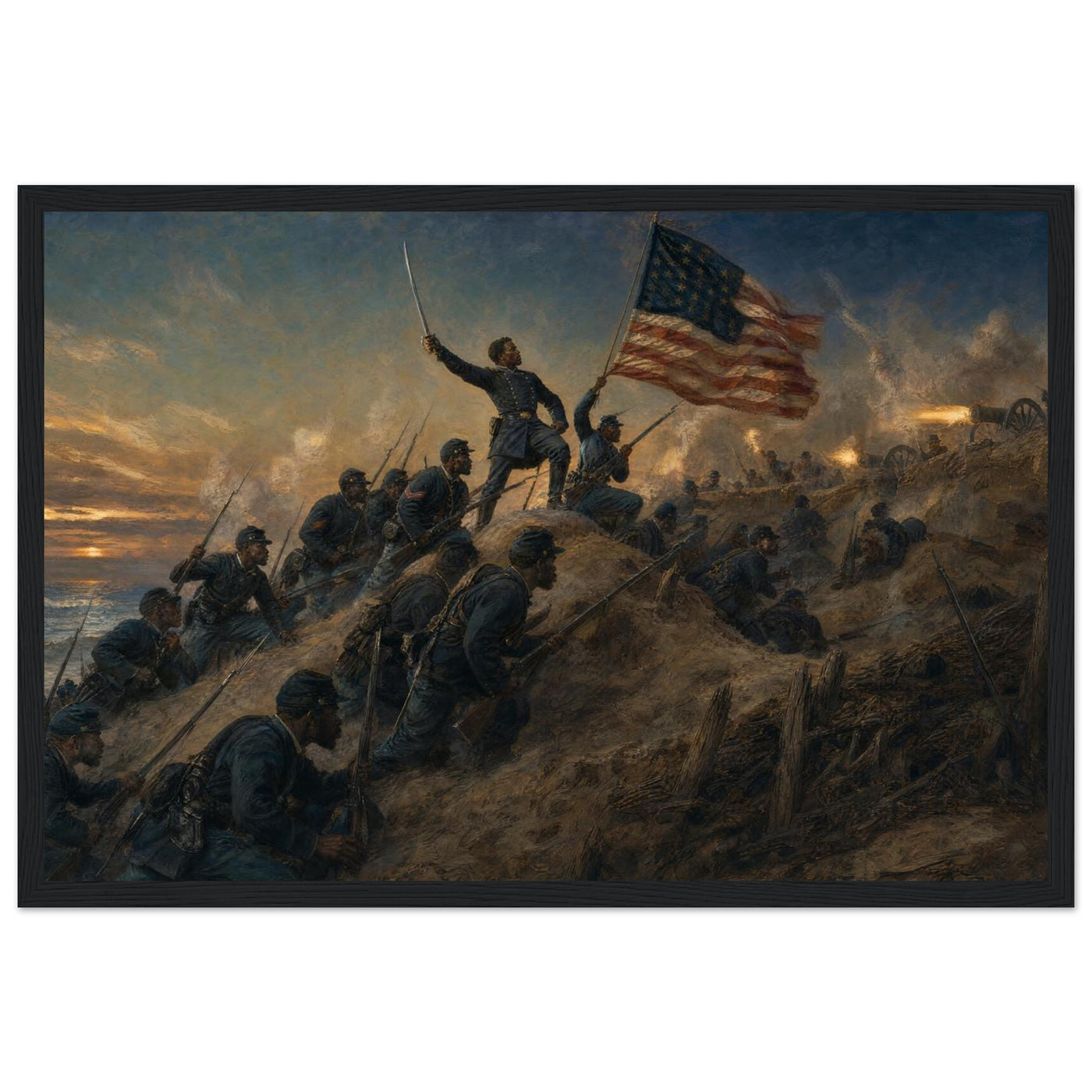 Framed panoramic art print of soldiers advancing through smoke and fire on the battlefield, in a solid wood frame.