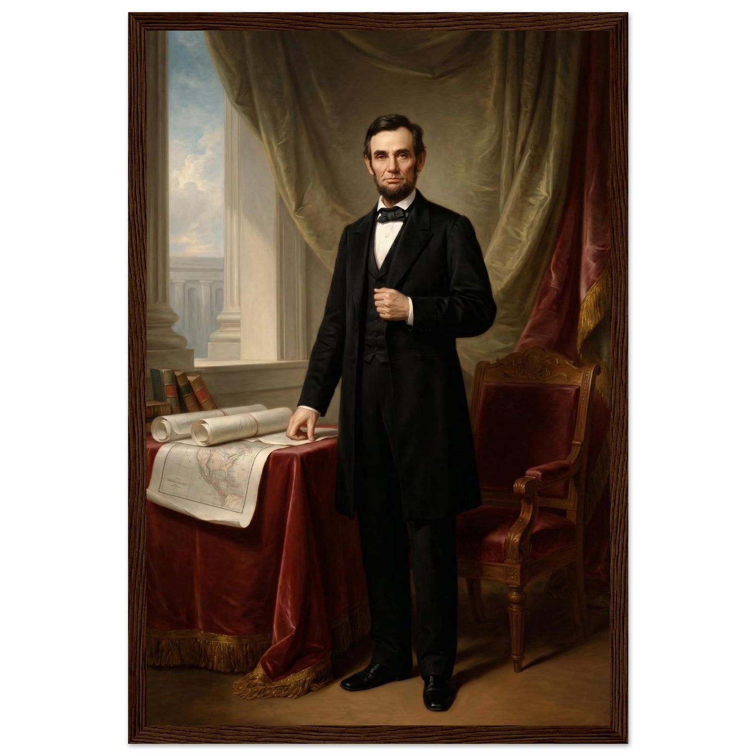 Framed standing portrait of President Abraham Lincoln, ready to hang.