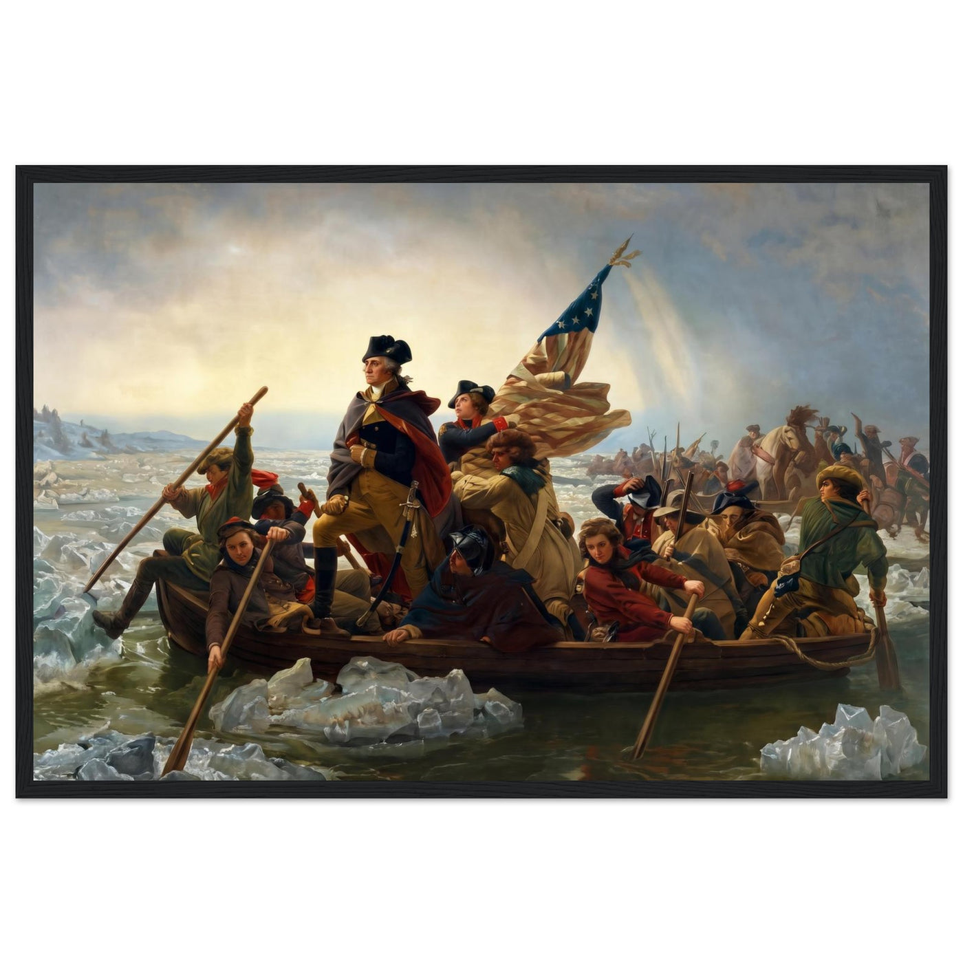 Wooden framed print of Washington crossing the Delaware — room view, ready to hang.