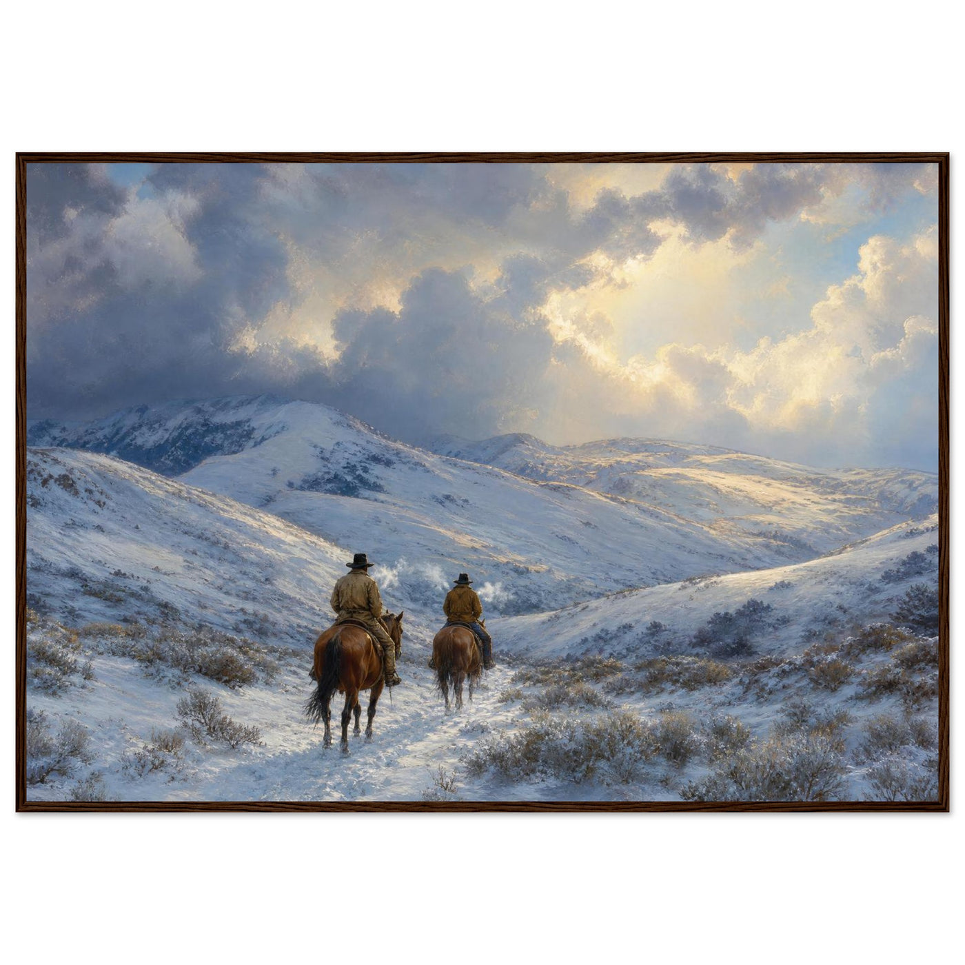 Framed panoramic art print of two riders on horseback crossing a snowy winter trail, in a solid wood frame.
