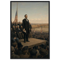 Framed art print of President Lincoln delivering the Gettysburg Address before a vast crowd, in a solid wood frame.