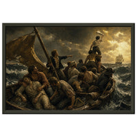 The Wreck of the Essex — framed fine art print of shipwrecked whalemen crowded in an open boat, one waving a shirt at a distant ship, in a black frame