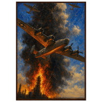 The Column at Ploesti — framed fine art print of B-24 bombers over a burning refinery, 28x40″ in a dark wood frame