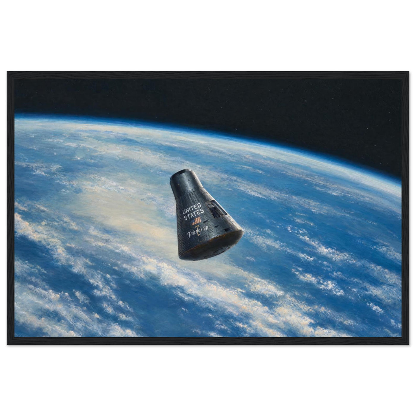 Framed panoramic art print of the Friendship 7 capsule orbiting Earth against the black of space, in a solid wood frame.