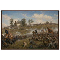 Framed panoramic art print of Confederate troops advancing across the open field during Pickett's Charge at Gettysburg, in a solid wood frame.