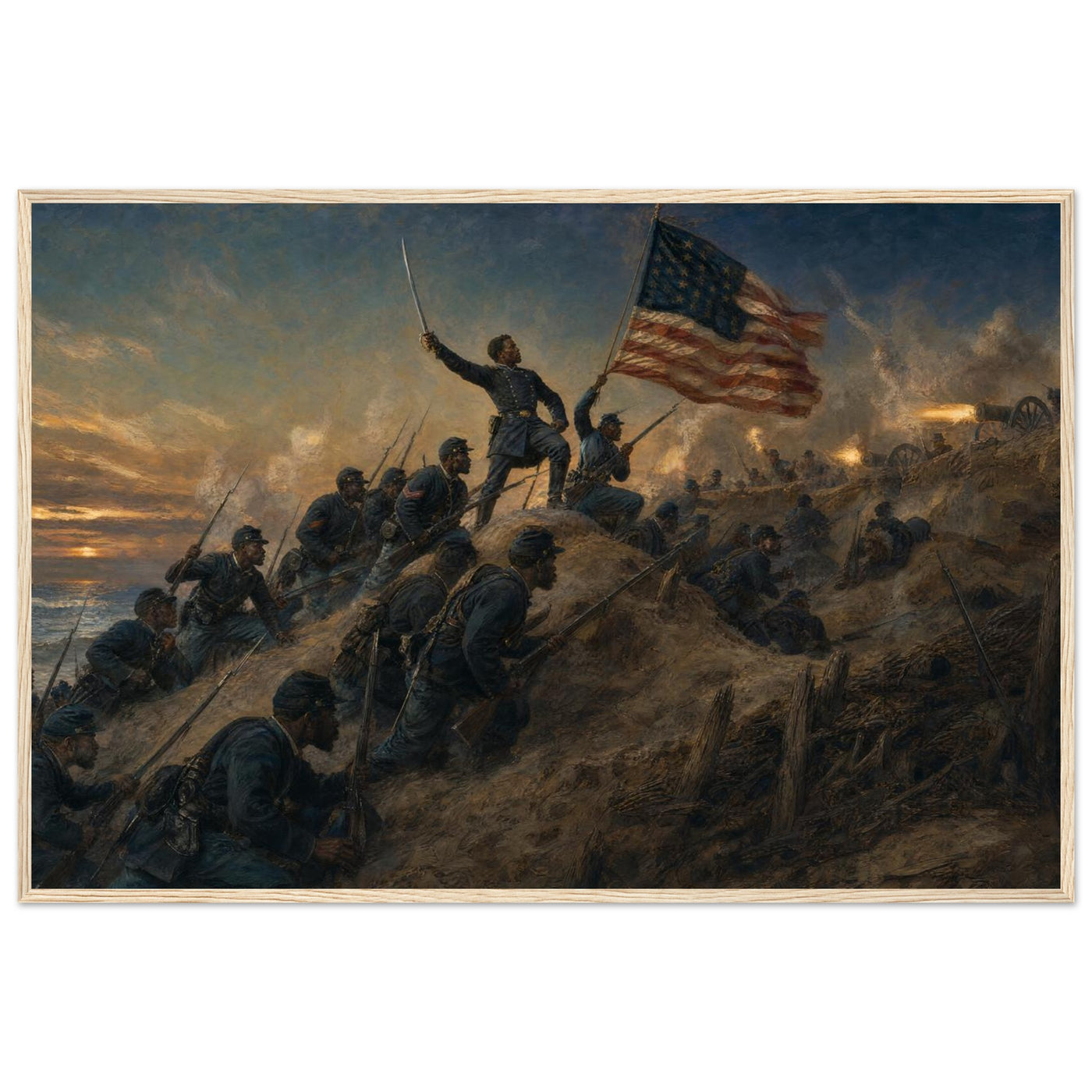 Framed panoramic art print of soldiers advancing through smoke and fire on the battlefield, in a solid wood frame.