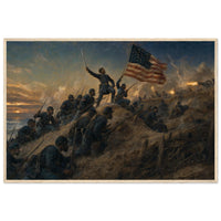Framed panoramic art print of soldiers advancing through smoke and fire on the battlefield, in a solid wood frame.