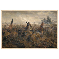 Framed panoramic art print of the Battle of Antietam, in a solid wood frame.