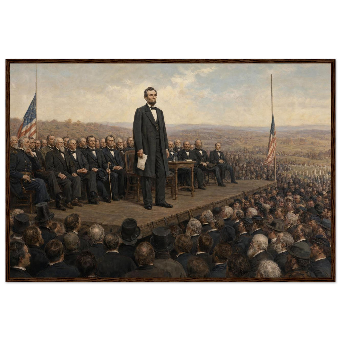 Framed art print of President Lincoln addressing the crowd at Gettysburg from a draped platform, in a solid wood frame.