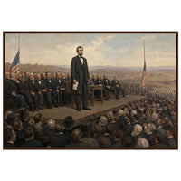 Framed art print of President Lincoln addressing the crowd at Gettysburg from a draped platform, in a solid wood frame.