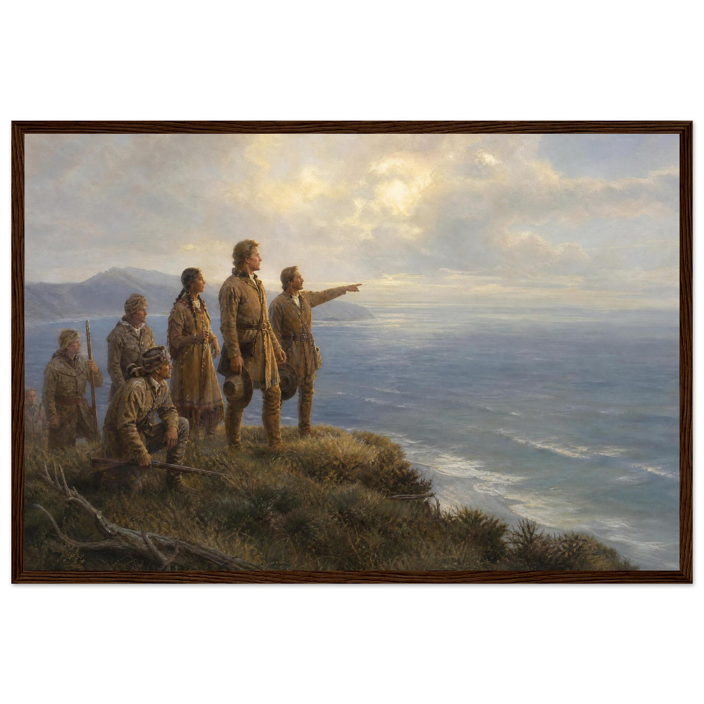 Wooden framed print of Lewis and Clark reaching the Pacific — room view, ready to hang.