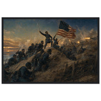 Framed panoramic art print of soldiers advancing through smoke and fire on the battlefield, in a solid wood frame.