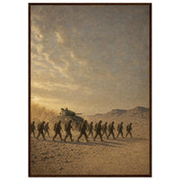 The African Theater — framed fine art print of infantry and a Sherman tank in the desert, 12x18″ in a dark wood frame