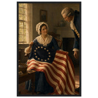 Framed print of Betsy Ross sewing the first American flag, ready to hang.