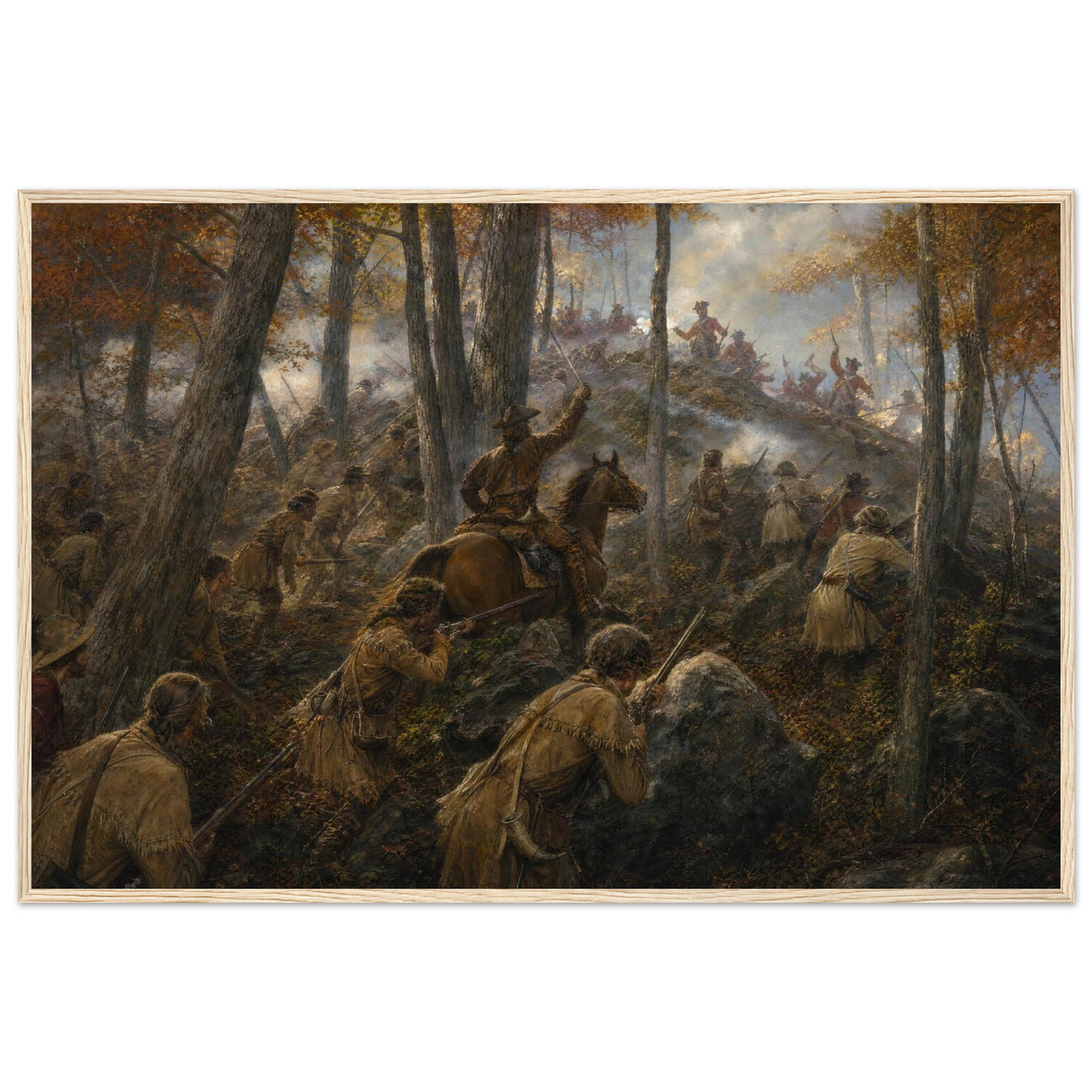 Framed print of a Revolutionary ambush in the northern woods, ready to hang.