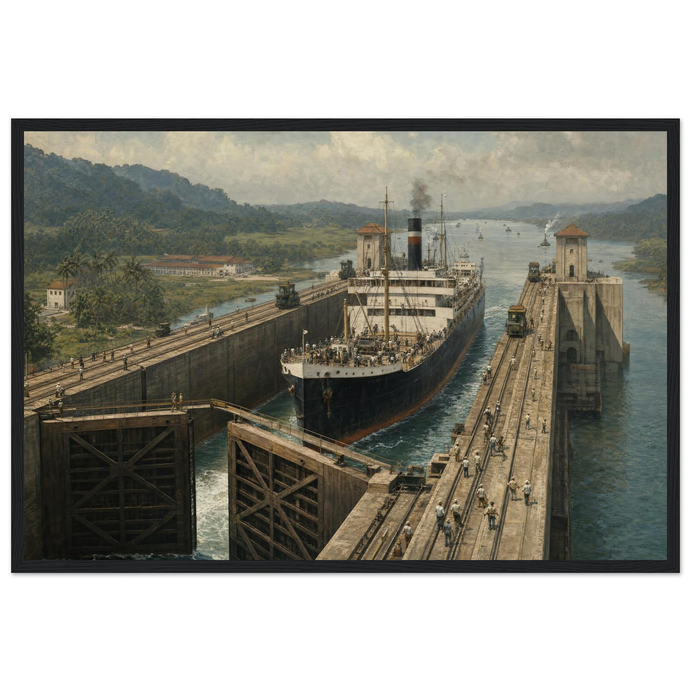 Wooden framed print of the Panama Canal — room view, ready to hang.