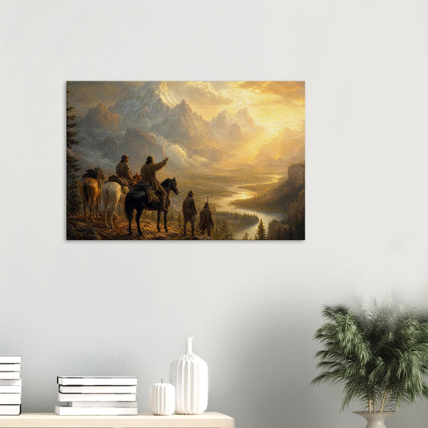 Canvas print of pioneers overlooking a sunset vista — room view, ready to hang.
