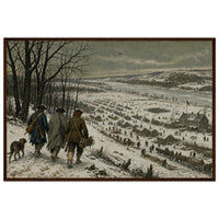 Winter at Valley Forge — framed fine art print of three soldiers and a dog on a snowy ridge looking down on the log huts of Valley Forge, in a dark wood frame