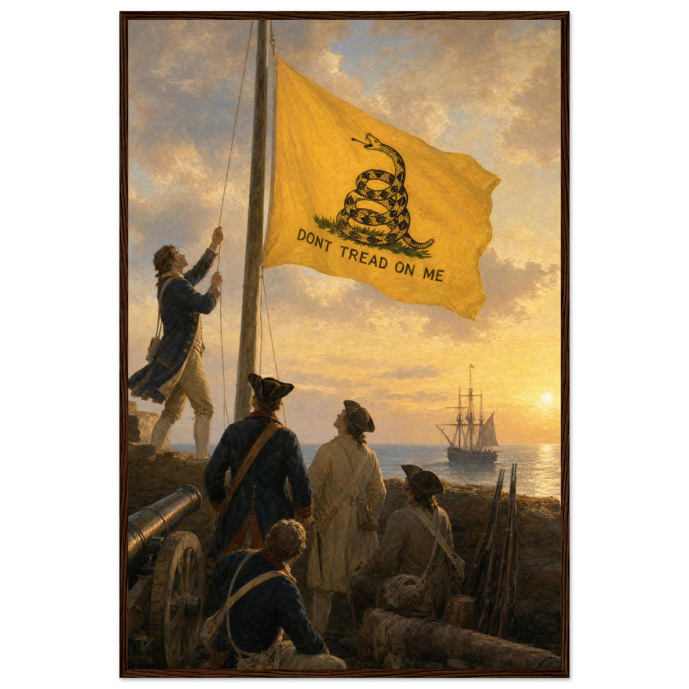 Framed print of the Gadsden 'Don't Tread on Me' flag at sea, ready to hang.