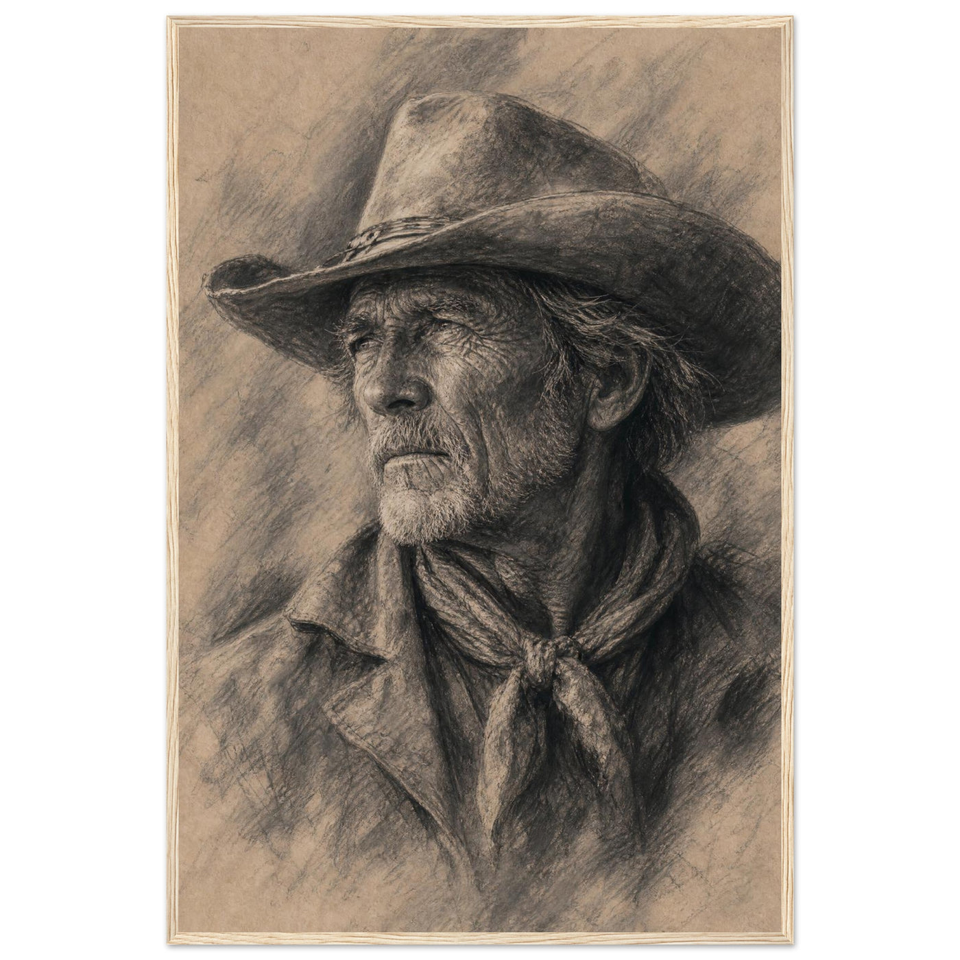 Framed black-and-white charcoal portrait of a weathered old cowhand, in a solid wood frame.