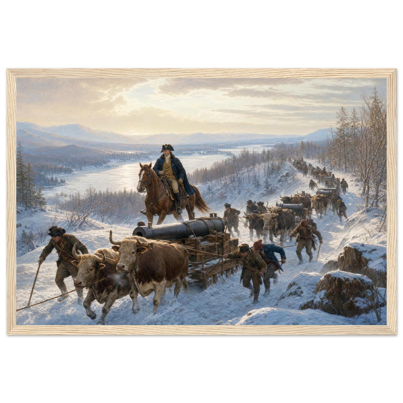 Framed art print of Civil War soldiers and wagons marching through deep snow, in a solid wood frame.