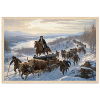 Framed art print of Civil War soldiers and wagons marching through deep snow, in a solid wood frame.