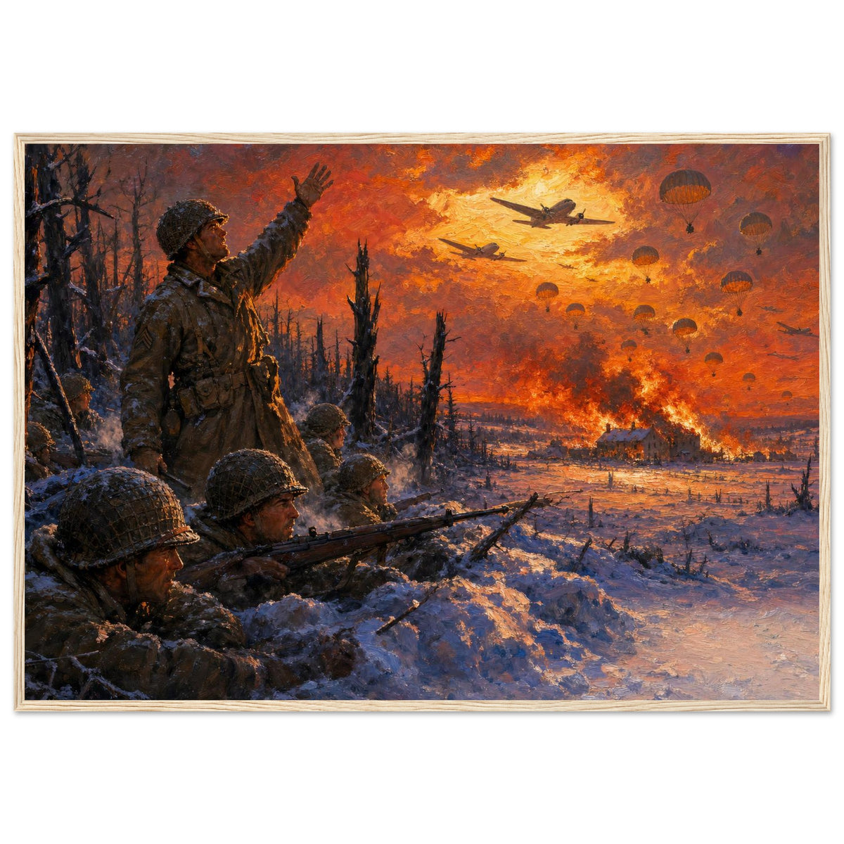 Christmas Eve at Bastogne — framed fine art print of soldiers watching supply parachutes, 12x18″ in a natural wood frame