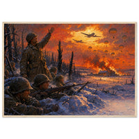 Christmas Eve at Bastogne — framed fine art print of soldiers watching supply parachutes, 12x18″ in a natural wood frame