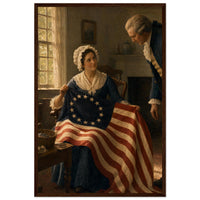 Framed print of Betsy Ross sewing the first American flag, ready to hang.