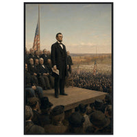 Framed art print of President Lincoln delivering the Gettysburg Address before a vast crowd, in a solid wood frame.